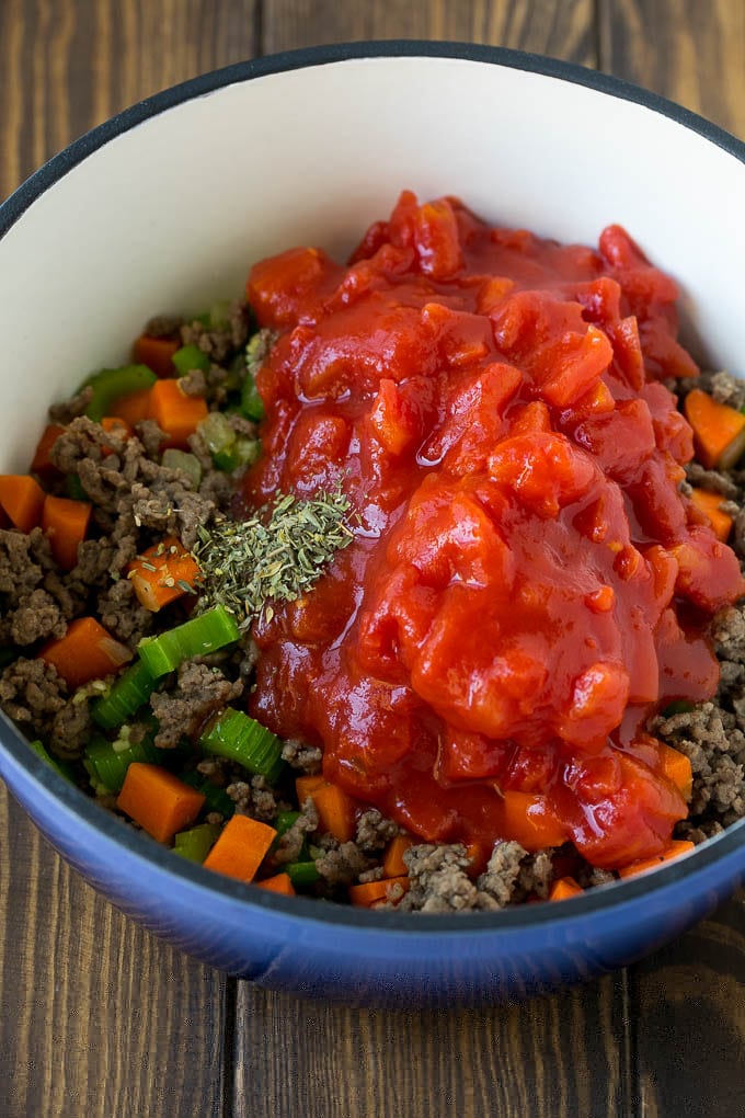 Alphabet Soup Recipe | Hamburger Soup | Beef and Vegetable Soup #soup #hamburger #noodles #dinner #bajap #carrots Ground beef, vegetables, canned tomatoes and seasonings in a pot.