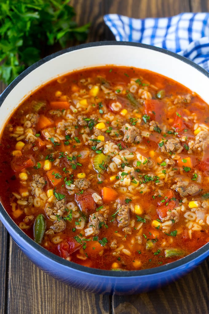 Alphabet Soup Recipe | Hamburger Soup | Beef and Vegetable Soup #soup #hamburger #noodles #dinner #bajap #carrots A pot of alphabet soup with ground beef and vegetables.