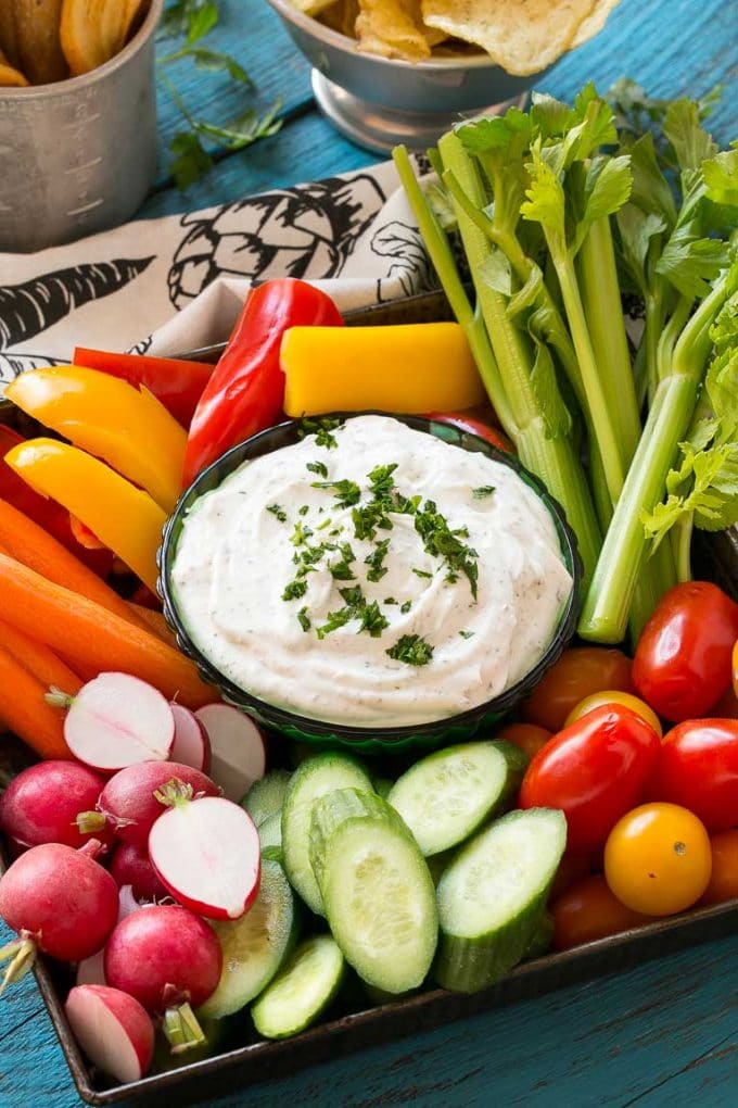 Homemade Ranch Dip Recipe | Homemade Ranch Powder | Homemade Ranch Dressing | Best Ranch Dip #ranch #dip #appetizer #snack #bajap A bowl of homemade ranch dip surrounded by fresh vegetables.