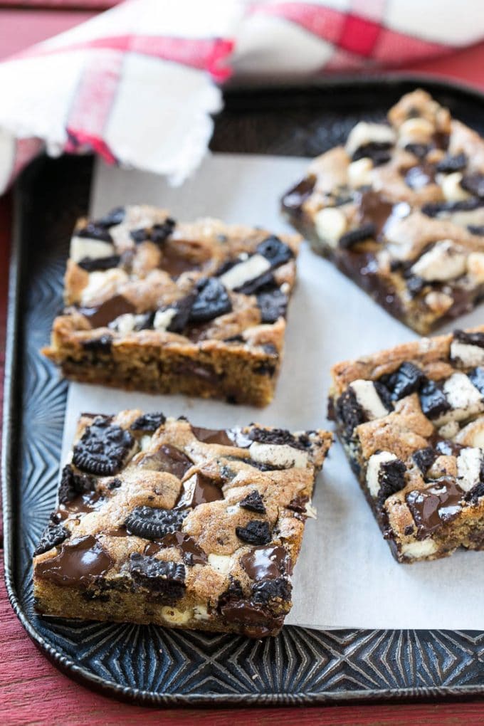 Cookies and Cream Bars Recipe | Oreo Bars | Blondie Recipe #chocolate #oreo #blondies #baking #cookies #bajap Cookies on a sheet pan.