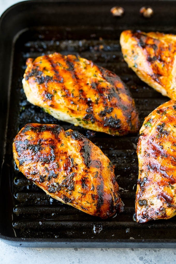 Grilled Chicken Breast Recipe | Marinated Chicken Breast | Chicken Marinade #chicken #grilling #marinade #summer #dinner #bajap Chicken breasts cooked on a grill pan.