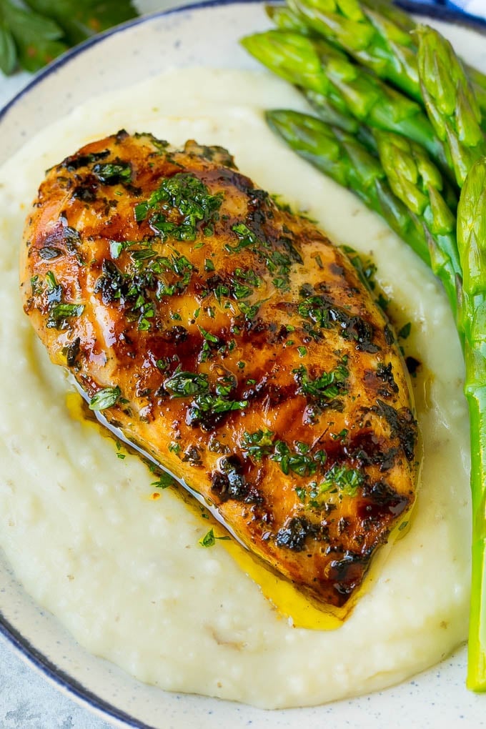 Grilled Chicken Breast Recipe | Marinated Chicken Breast | Chicken Marinade #chicken #grilling #marinade #summer #dinner #bajap Grilled chicken breast served with mashed potatoes and asparagus.