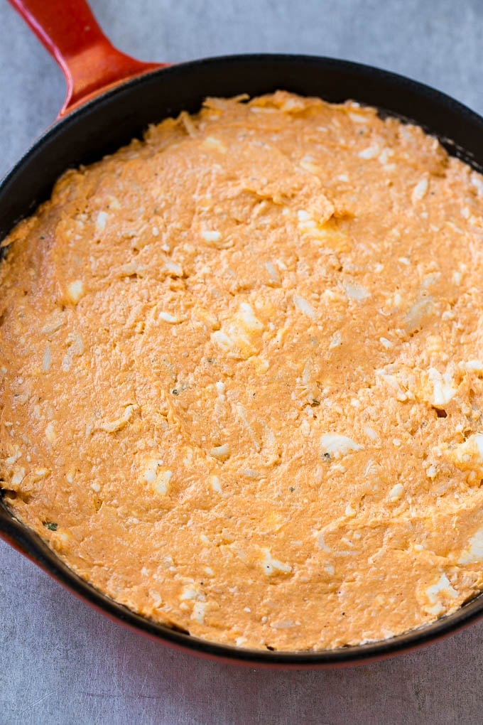 Buffalo Ranch Chicken Dip | Buffalo Chicken Dip | Baked Buffalo Dip | Cheesy Buffalo Dip #buffalowings #buffalochicken #dip #lowcarb #appetizer #bajap The base layer of cream cheese, meat, ranch and hot sauce.