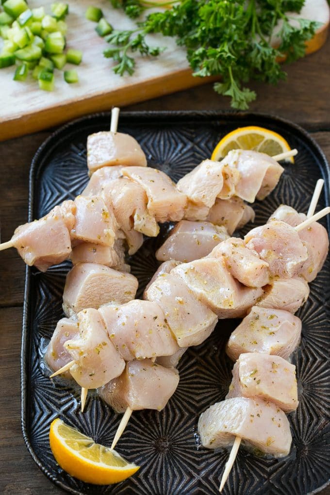 Greek Chicken Souvlaki Recipe | Easy Greek Chicken | Chicken Souvlaki | Greek Chicken Skewers | Easy Greek Chicken Skewers #chicken #kabobs #glutenfree #keto #lowcarb #grilling #bajap Chunks of marinated chicken breast threaded onto skewers to be grilled.