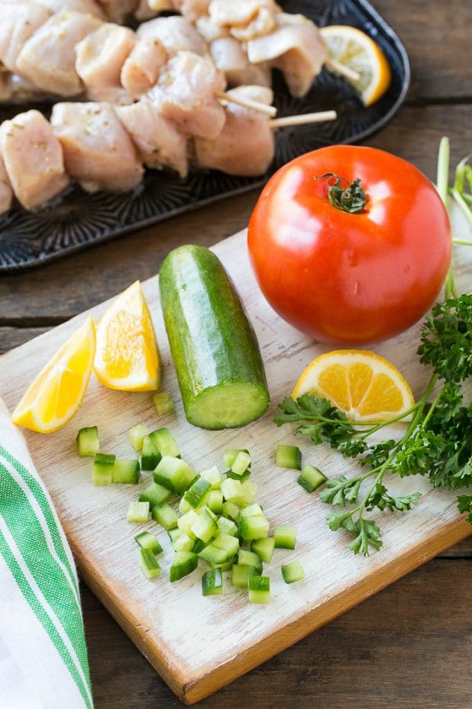 Greek Chicken Souvlaki Recipe | Easy Greek Chicken | Chicken Souvlaki | Greek Chicken Skewers | Easy Greek Chicken Skewers #chicken #kabobs #glutenfree #keto #lowcarb #grilling #bajap Ingredients for the cucumber yogurt sauce.