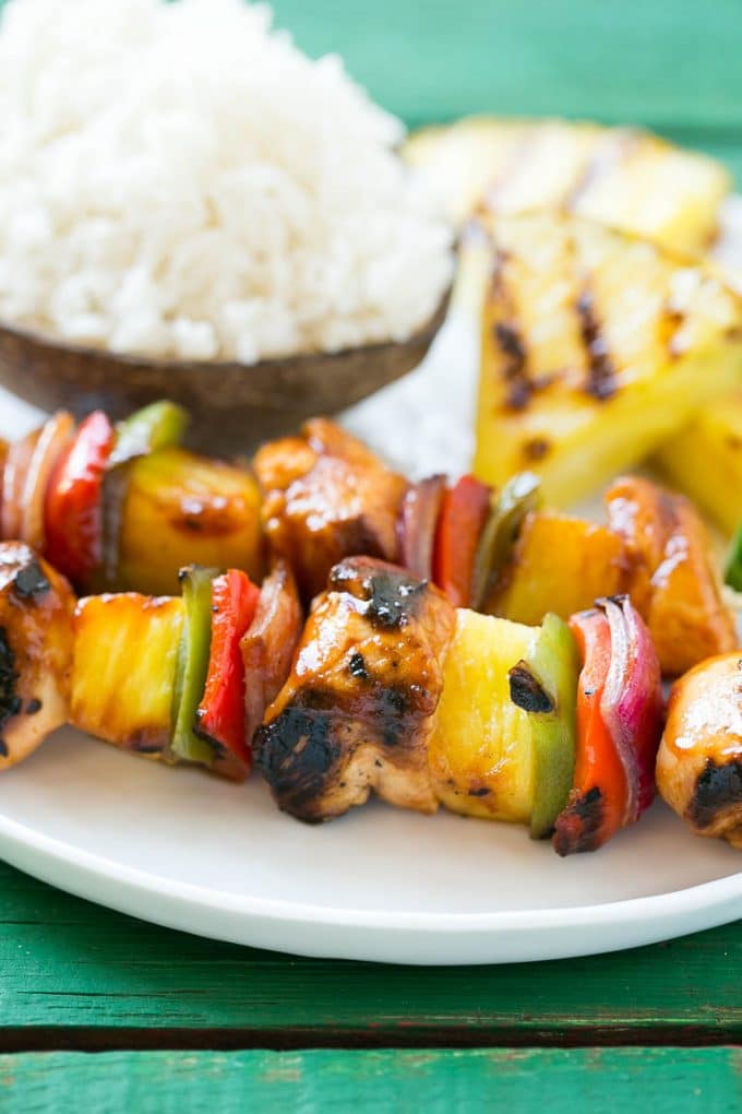 Hawaiian Chicken Kabobs Recipe | Hawaiian Chicken Kabobs | Chicken Pineapple Kabobs #pineapple #chicken #grilling #dinner #bajap Hawaiian chicken kabobs served with coconut rice.