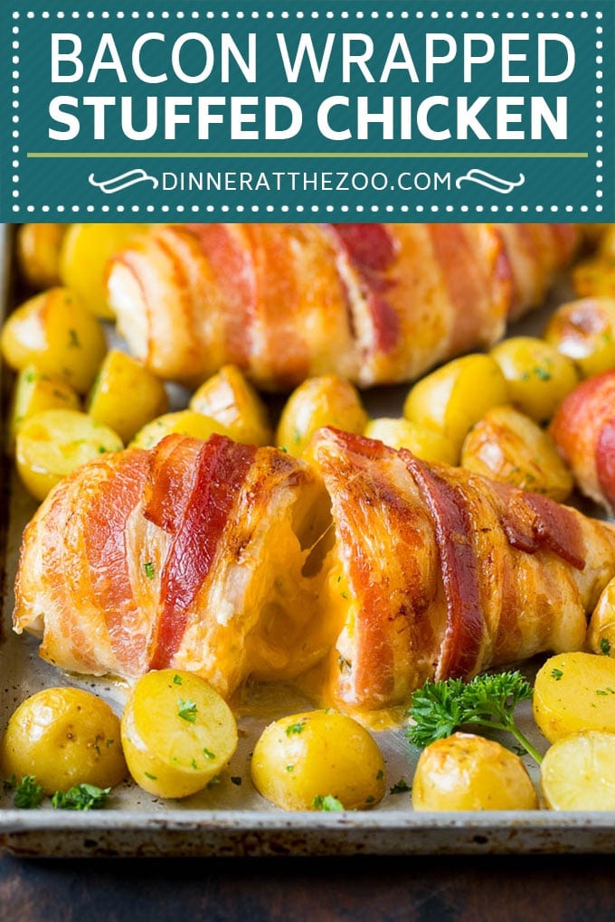 Bacon Wrapped Stuffed Chicken Breast Recipe | Sheet Pan Chicken #chicken #dinner #onepan #bacon #potatoes #bajap