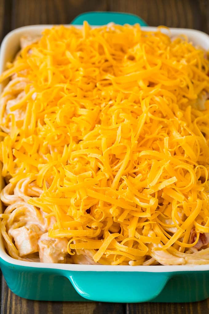 Chicken Spaghetti Recipe | Baked Spaghetti #pasta #spaghetti #chicken #cheese #casserole #dinner #bajap A baking dish of creamy spaghetti topped with cheese.