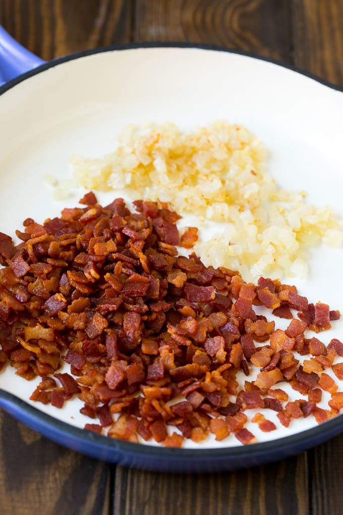Butternut Squash Pasta Recipe #pasta #squash #bacon #fall #dinner #bajap Bacon, onions and garlic in a skillet.
