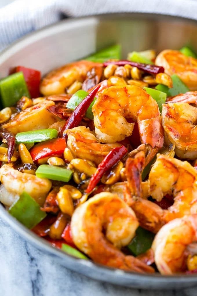 Kung Pao Shrimp | Shrimp Recipe | Shrimp Stir Fry | Easy Shrimp Recipe #shrimp #stirfry #peppers #dinner #bajap #spicy Shrimp in a savory and spicy sauce in a metal pan.