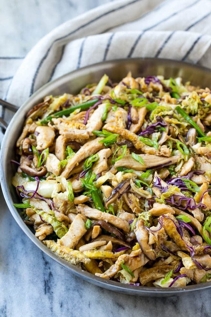 Moo Shu Chicken Recipe | Easy Chicken Recipe | Asian Chicken Recipe | Take Out Recipe | Easy Dinner Recipe #chicken #stirfry #mooshu #dinner #bajap A skillet of moo shu chicken with eggs, cabbage and mushrooms.