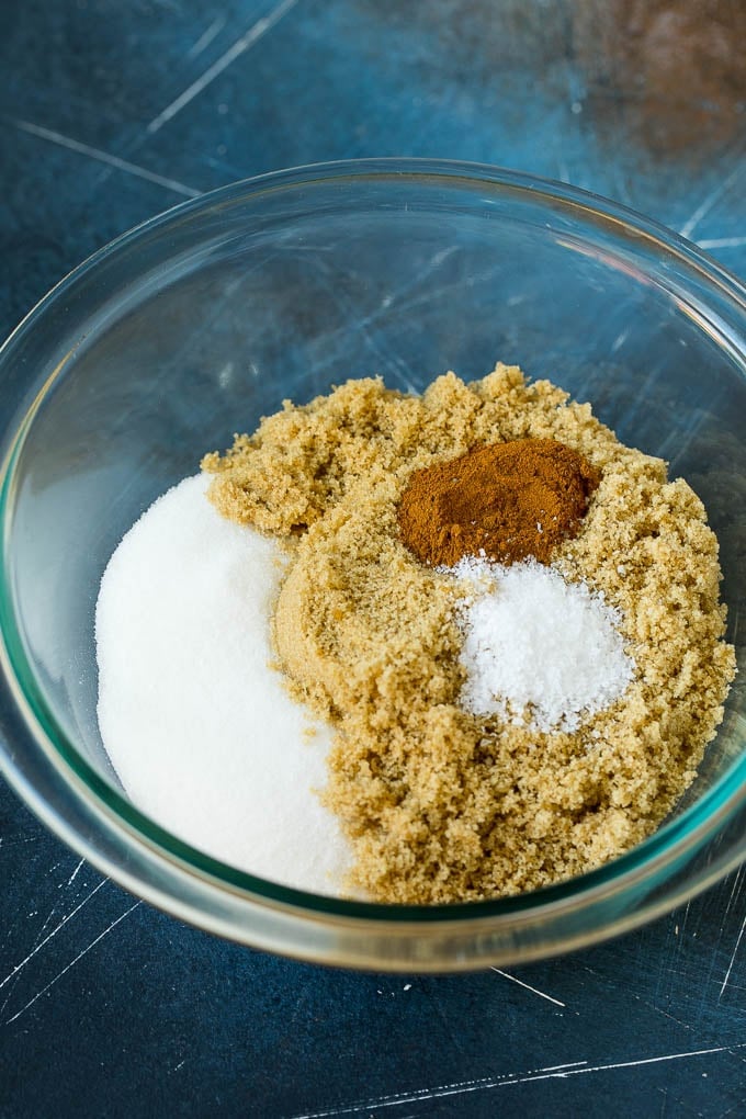 Candied Pecans Recipe | Glazed Pecans | Sugared Pecans #pecans #nuts #snack #dessert #bajap Granulated sugar, brown sugar, cinnamon and salt in a bowl.
