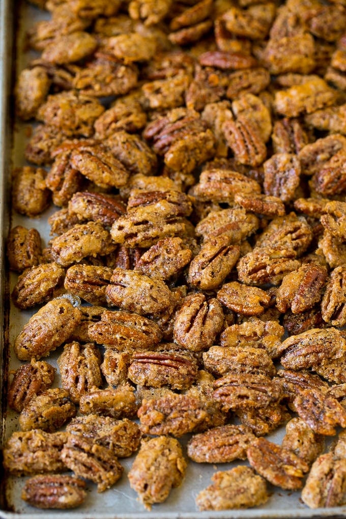 Candied Pecans Recipe | Glazed Pecans | Sugared Pecans #pecans #nuts #snack #dessert #bajap Cooked glazed nuts on a sheet pan.