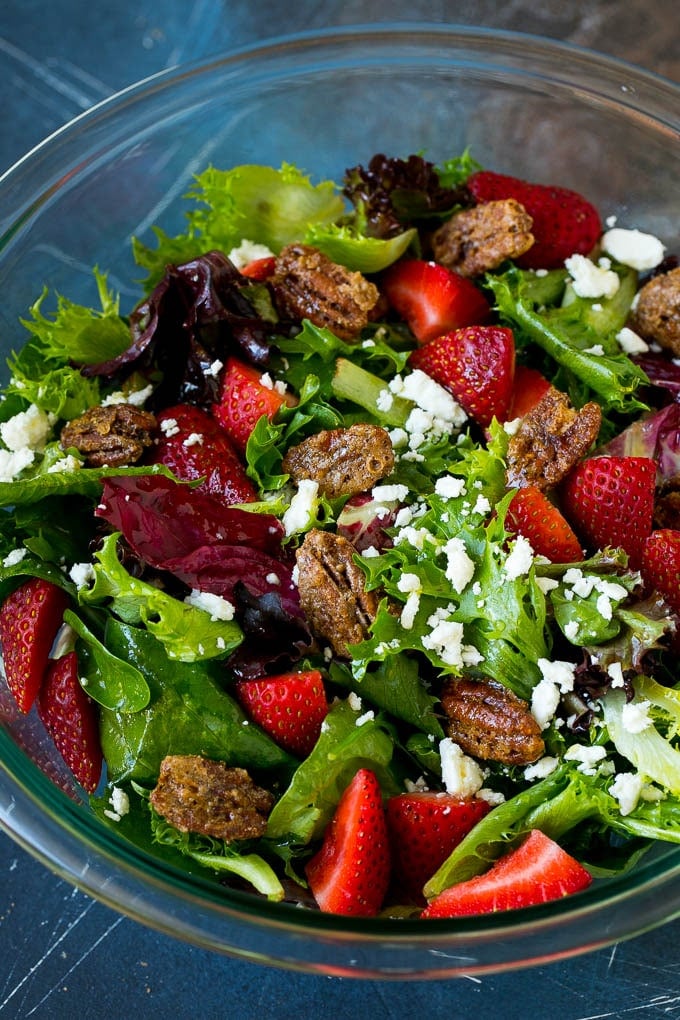 Candied Pecans Recipe | Glazed Pecans | Sugared Pecans #pecans #nuts #snack #dessert #bajap Candied pecans in a salad with strawberries and feta cheese.