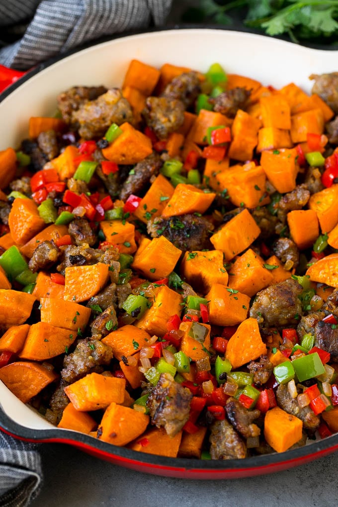 Sweet Potato Hash #sweetpotato #sausage #breakfast #brunch #bajap Hash with sweet potatoes, sausage and vegetables.