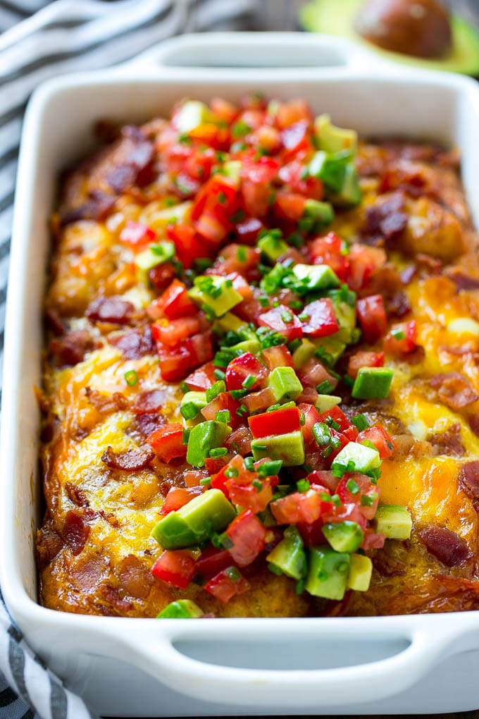 Breakfast Casserole with Bacon Recipe | Bacon and Egg Casserole | Egg Casserole with Bacon | Bacon Breakfast Casserole #eggs #bacon #casserole #breakfast #brunch #bajap A baked egg dish with a topping of vegetables.