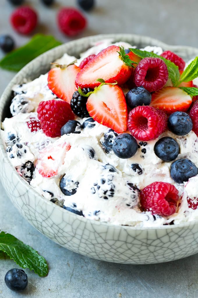 Berry Cheesecake Salad Recipe | Fruit Salad | Berry Fruit Salad | Cheesecake Salad #salad #cheesecake #fruit #berries #sidedish #dessert #bajap A serving bowl of creamy berry salad topped with blueberries, raspberries and strawberries.