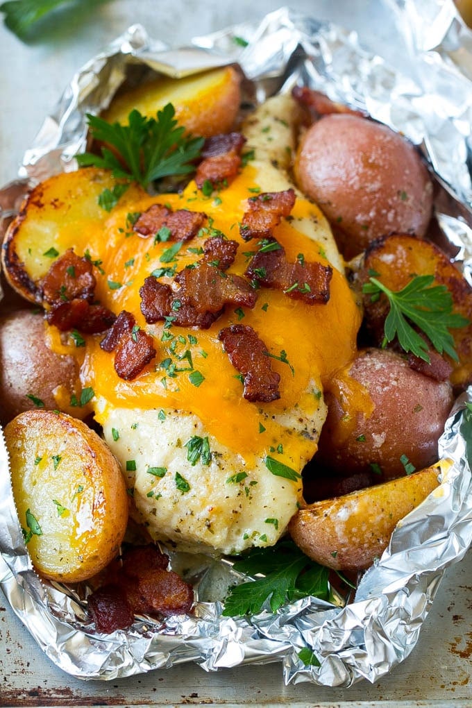 Bacon Ranch Chicken Foil Packets | Chicken in Foil | Foil Packet Recipe | Ranch Chicken #ranchchicken #grilling #chicken #foilpacket #foilpackets #bacon #dinner #bajap A bacon ranch chicken foil packet with potatoes.