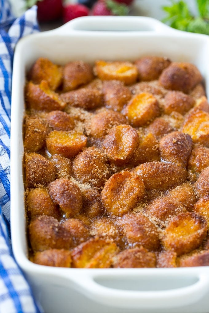 Donut Bread Pudding Recipe | Easy Bread Pudding | Cinnamon Donuts | Make Ahead Breakfast Recipe #breadpudding #donuts #donutholes #breakfast #bajap A baking dish of cinnamon sugar donut bread pudding.