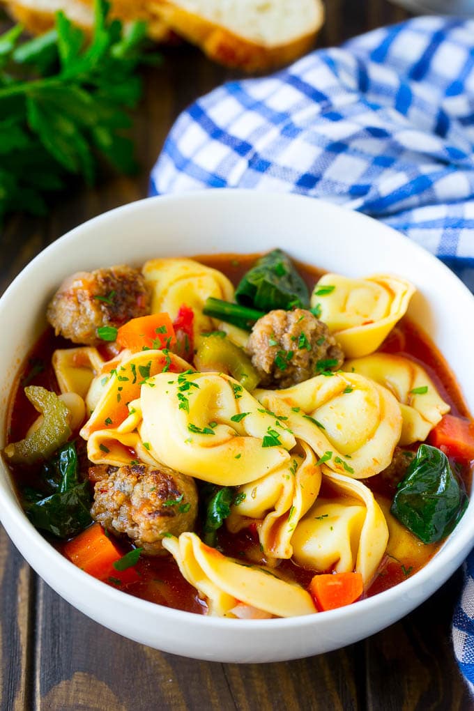 Tortellini Soup Recipe | Sausage Soup | Italian Soup #soup #sausage #pasta #tortellini #dinner #bajap A bowl of tortellini soup with sausage and vegetables.
