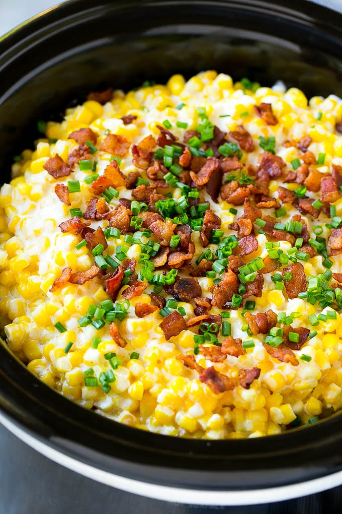 Slow Cooker Creamed Corn Recipe | Easy Creamed Corn Recipe | Slow Cooker Creamed Corn with Bacon | Southern Creamed Corn | Creamed Corn with Cream Cheese #creamedcorn #corn #bacon #crockpot #slowcooker #dinner #bajap Slow cooker creamed corn with Bacon and sliced chives.