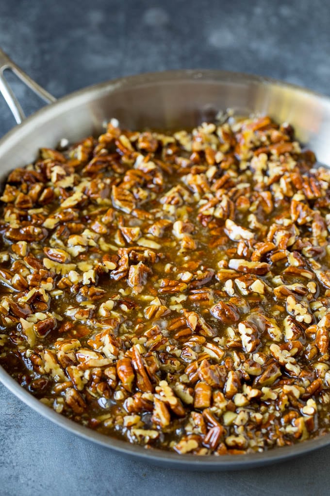Pecan Pie Bars Recipe #pecans #pie #fall #pecanpie #dessert #thanksgiving #bajap Pecan pie filling in a pan.