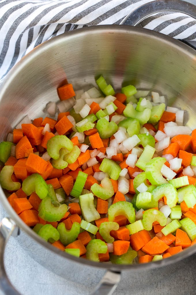 Hamburger Soup Recipe | Hamburger Stew | Ground Beef Soup #hamburger #soup #groundbeef #stew #dinner #bajap A pot with onions, carrots and celery.