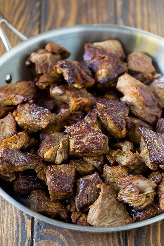 Slow Cooker Beef Stew Recipe | Crockpot Beef Stew #stew #soup #beef #slowcooker #crockpot #dinner #bajap Browned beef in a skillet.