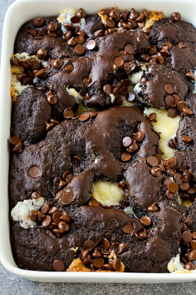 Earthquake Cake Recipe | Chocolate Cake Recipe | Chocolate Coconut Cake | Coconut Pecan Cake #cake #chocolate #coconut #pecans #dessert #chocolatecake #bajap An overhead shot of chocolate cream cheese cake.