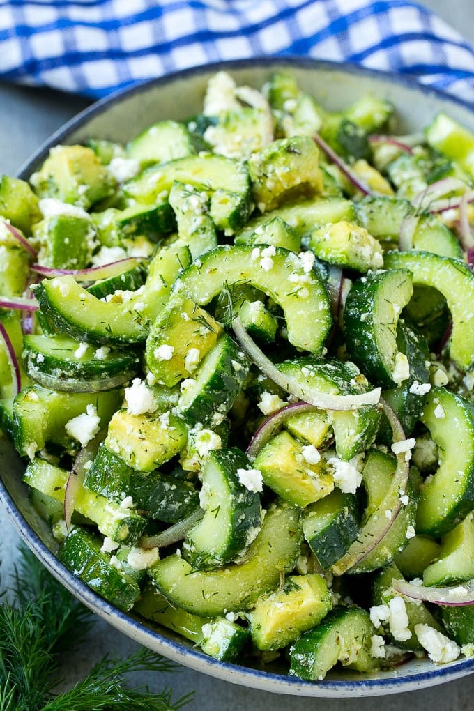 Cucumber Feta Salad Recipe | Cucumber Salad | Feta Cheese Salad | Summer Salad #salad #cucumber #bajap Cucumber feta salad with avocado, dill and red onions, all tossed in a Greek style dressing.