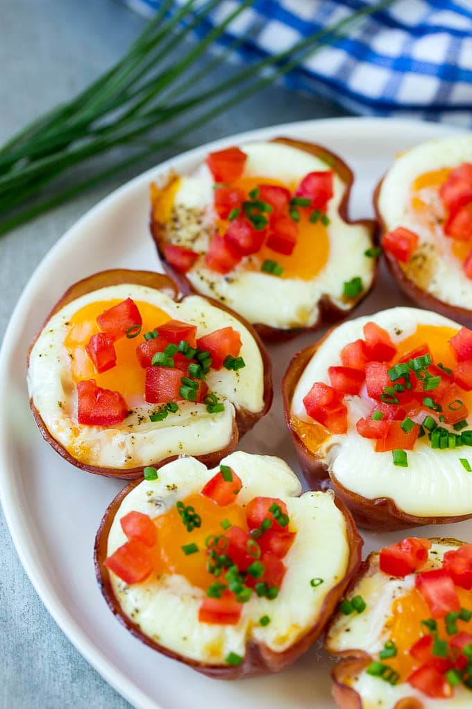 Ham and Egg Cups Recipe | Low Carb Breakfast | Ham and Eggs #ham #eggs #lowcarb #breakfast #bajap A plate of ham cups filled with eggs and cheese.