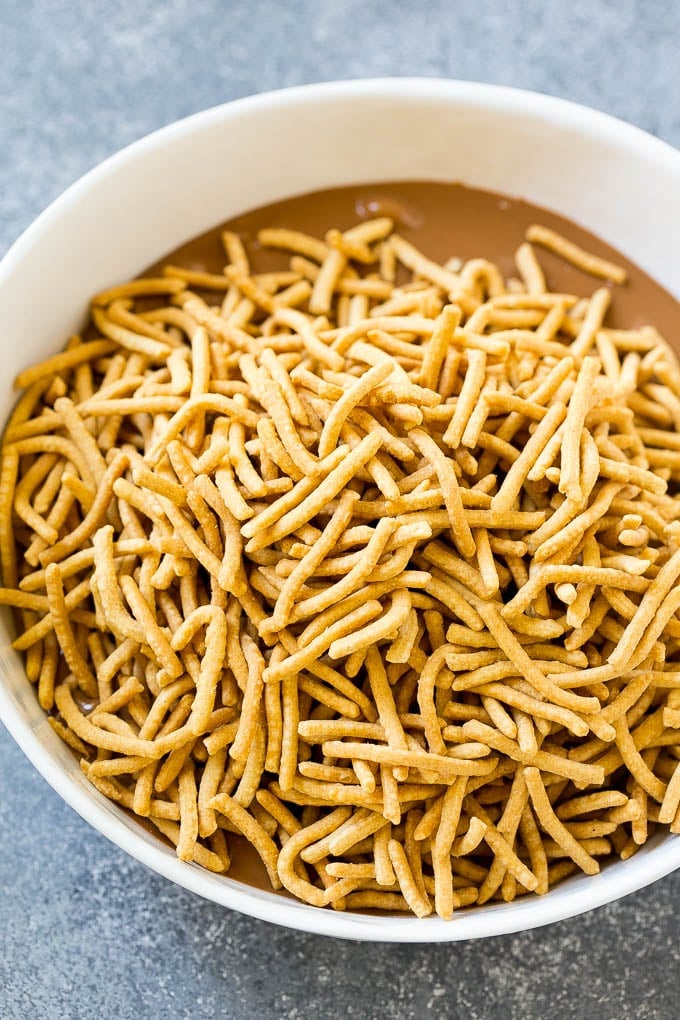 Haystack Cookies Recipe | No Bake Cookies | Chow Mein Noodle Cookies #nobakecookies #cookies #recipe #chocolate #bajap A bowl of melted chocolate and chow mein noodles.