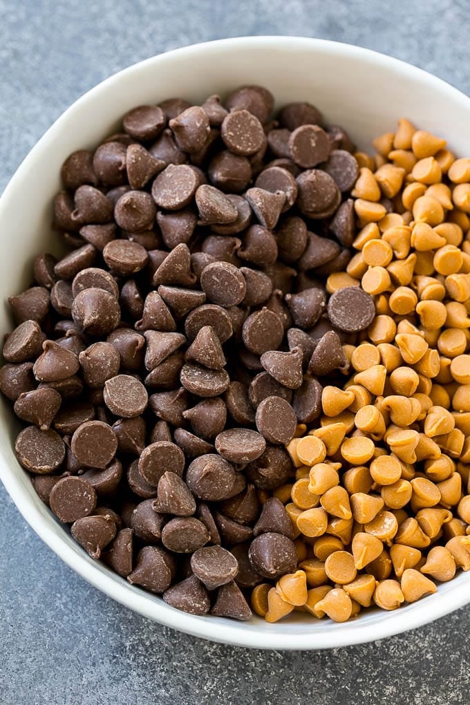 Haystack Cookies Recipe | No Bake Cookies | Chow Mein Noodle Cookies #nobakecookies #cookies #recipe #chocolate #bajap A mixing bowl of milk chocolate and butterscotch chips.