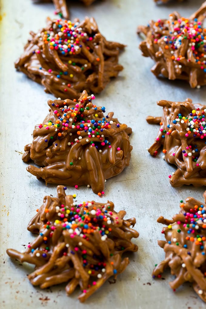 Haystack Cookies Recipe | No Bake Cookies | Chow Mein Noodle Cookies #nobakecookies #cookies #recipe #chocolate #bajap Haystack cookies made with chow mein noodles on a baking sheet.