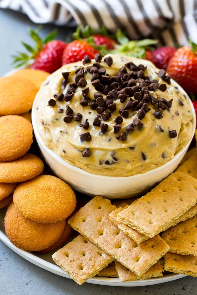Cookie Dough Dip Recipe | Edible Cookie Dough | Chocolate Chip Cookie Dip #cookies #dip #cookiedough #dessert #snack #bajap Chocolate chip cookie dough dip, topped with mini chocolate chips and served with graham crackers and vanilla wafers.