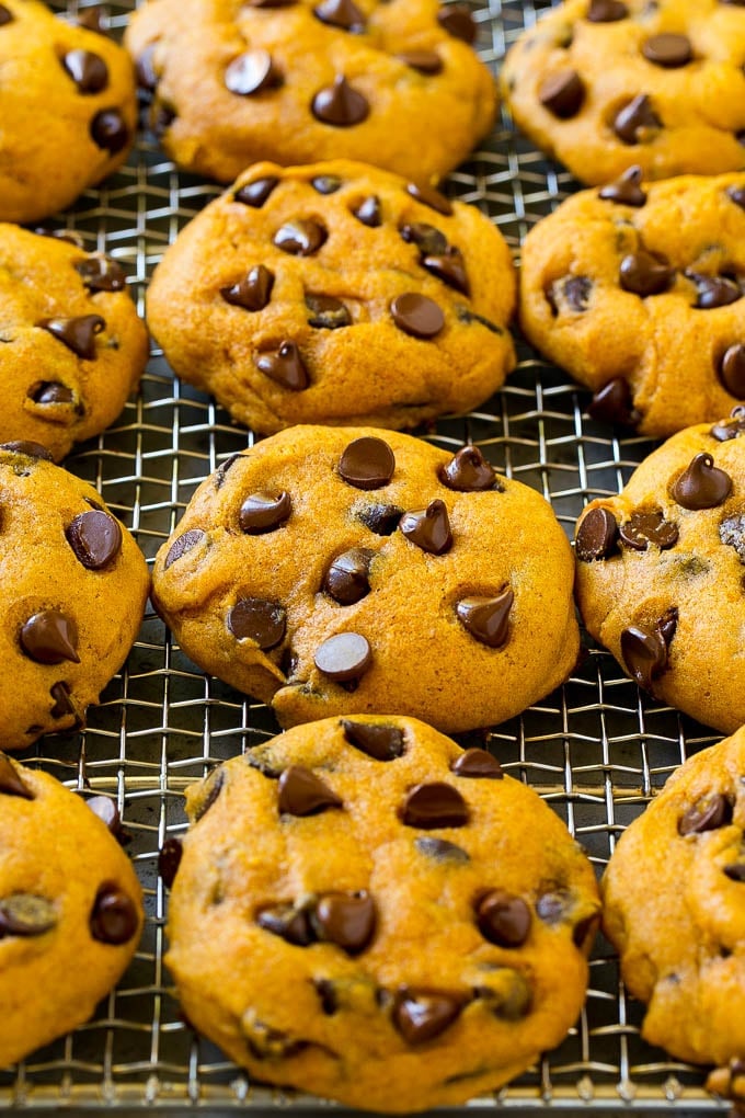 Pumpkin Chocolate Chip Cookies Recipe | Pumpkin Cookies | Pumpkin Chocolate Cookies #pumpkin #cookies #chocolate #baking #fall #bajap #dessert Pumpkin chocolate chip cookies on a cooling rack.