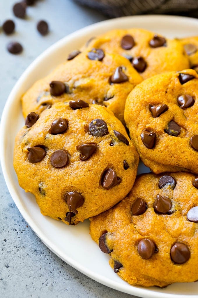 Pumpkin Chocolate Chip Cookies Recipe | Pumpkin Cookies | Pumpkin Chocolate Cookies #pumpkin #cookies #chocolate #baking #fall #bajap #dessert A plate of pumpkin chocolate chip cookies.