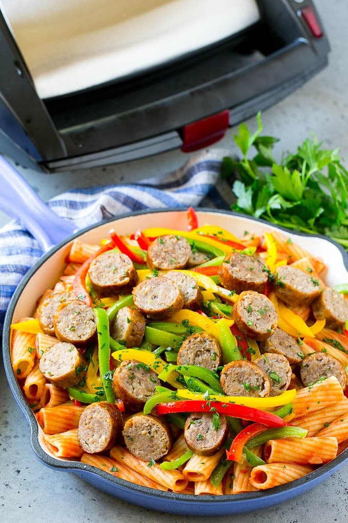Sausage and Pepper Pasta Recipe | Italian Sausage Recipe | Sausage and Peppers | Easy Pasta #pasta #sausage #peppers #dinner #bajap Finished pasta in a skillet.