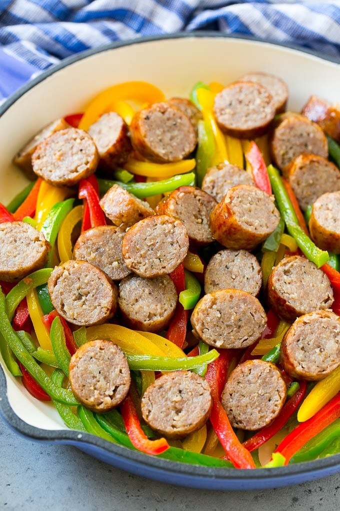 Sausage and Pepper Pasta Recipe | Italian Sausage Recipe | Sausage and Peppers | Easy Pasta #pasta #sausage #peppers #dinner #bajap Sausage and peppers in a skillet.