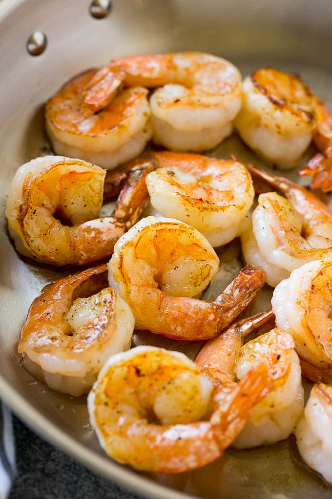 Shrimp Alfredo Recipe | Shrimp Alfredo Pasta | Shrimp Fettuccine Alfredo #shrimp #pasta #italianfood #bajap Seared shrimp in butter, in a skillet.