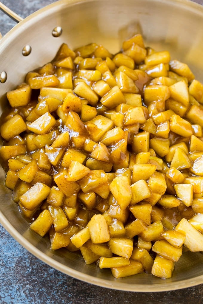 Fried Apple Pies Recipe | McDonald's Copycat Recipe | Apple Pie | Apple Hand Pies #pie #apples #applepie #dessert #snack #bajap Homemade apple pie filling in a skillet.