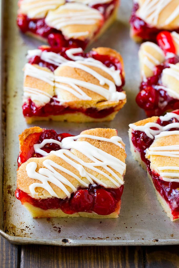 Cherry Bars Recipe | Cherry Pie Bars | Cherry Cookies | Bar Cookies #cookies #bars #cherry #baking #dessert #sweets #bajap Cherry bars made with almond cookie dough on a sheet pan.