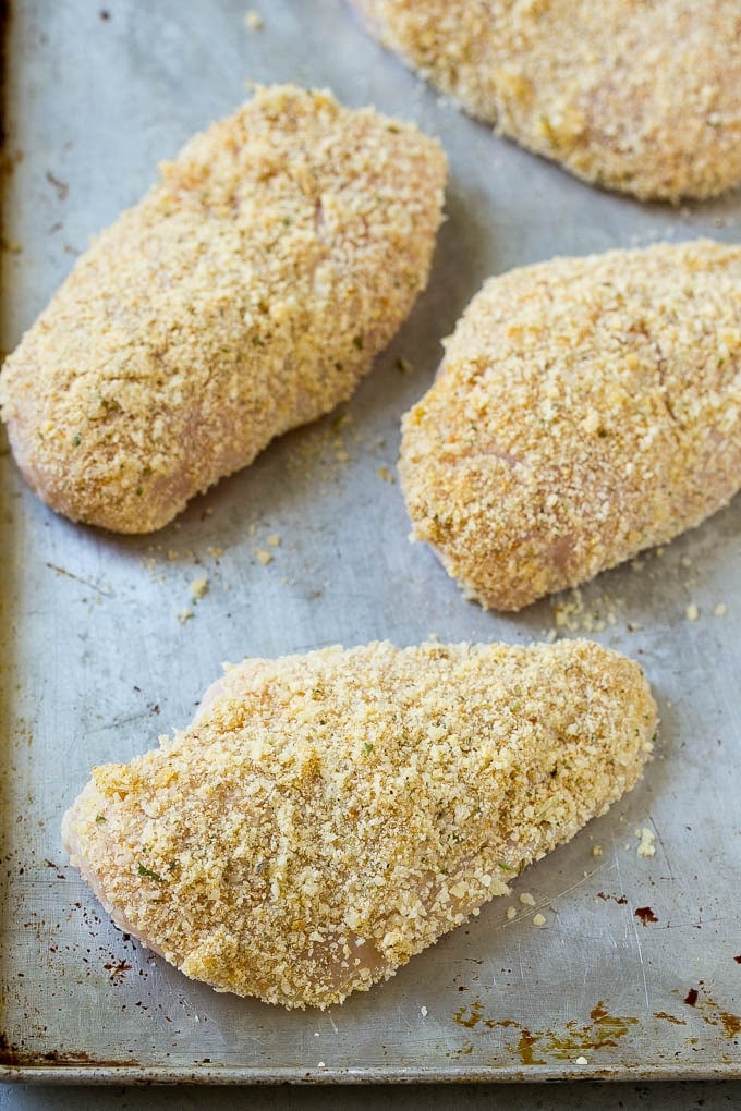 Italian Chicken Recipe | Sheet Pan Chicken | Baked Chicken #chicken #potatoes #dinner #bajap Breaded chicken breasts on a sheet pan.
