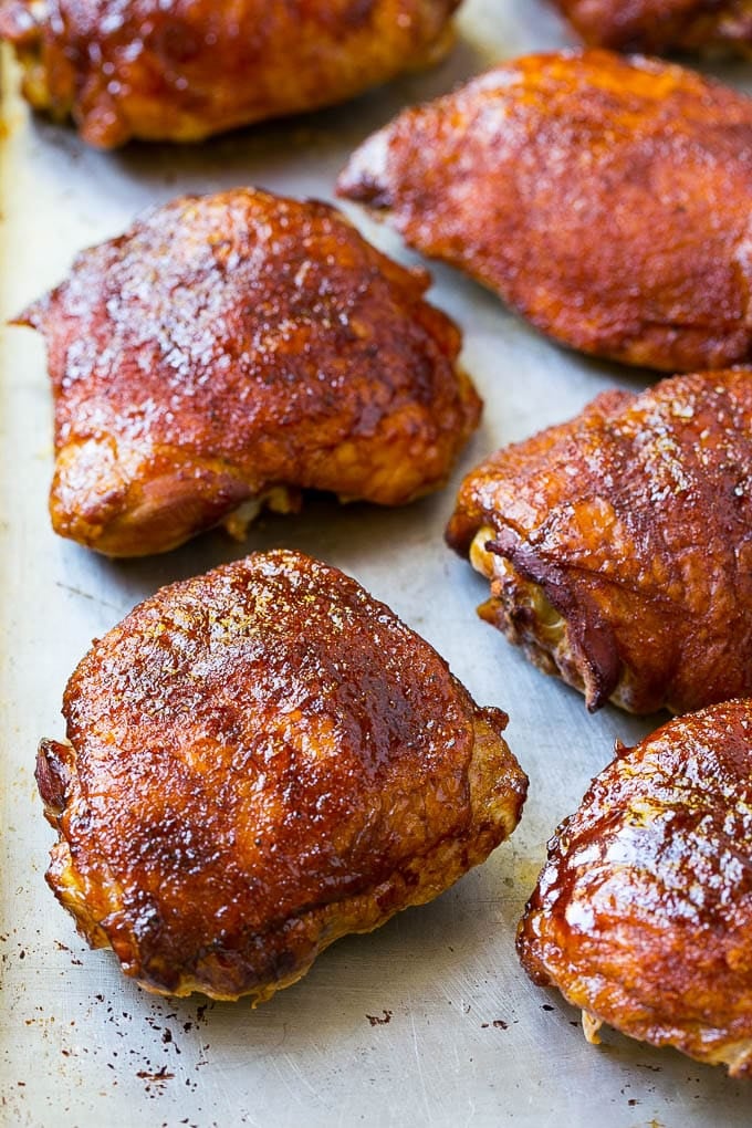 Cooked poultry on a sheet pan.