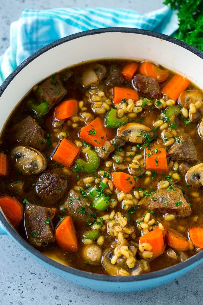 Beef Barley Soup Recipe | Beef Soup | Barley Soup #soup #beef #dinner #vegetables #bajap #comfortfood A pot full of beef barley soup made with beef stew meat, barley and vegetables all simmered together.