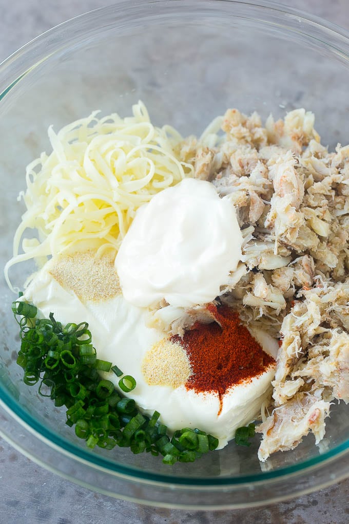 Crab Dip Recipe | Hot Crab Dip | Seafood Dip #dip #crab #seafood #appetizer #bajap #cheese Crab, cream cheese, mayonnaise, green onions and spices in a mixing bowl.