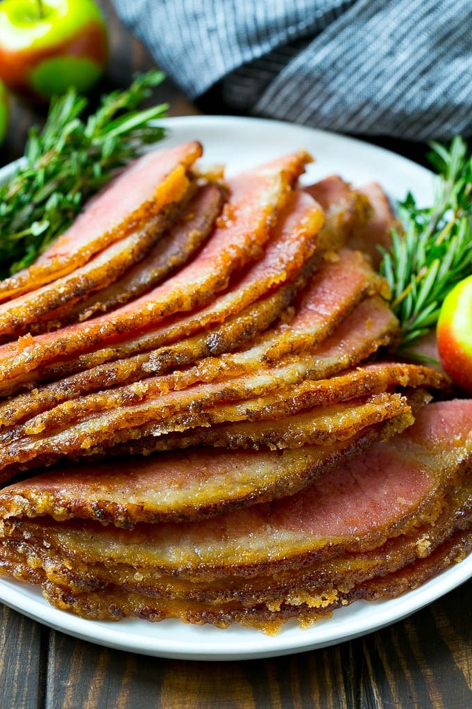Honey Baked Ham Recipe | Glazed Ham | Holiday Ham #ham #dinner #bajap #christmas #thanksgiving #easter Sliced honey baked ham on a serving plate.