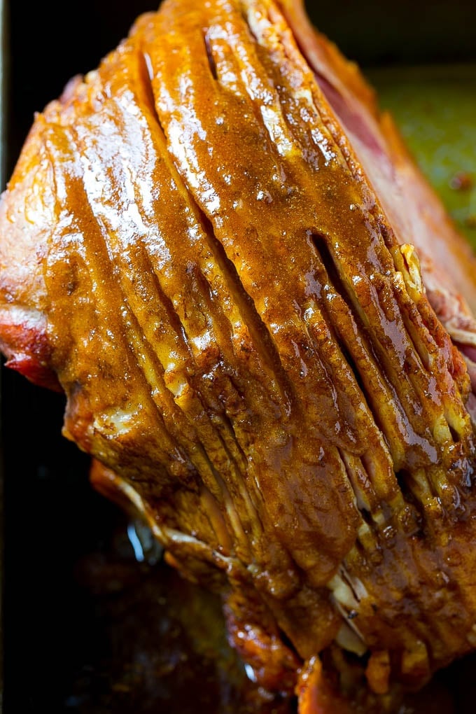 Honey Baked Ham Recipe | Glazed Ham | Holiday Ham #ham #dinner #bajap #christmas #thanksgiving #easter A ham coated in sugar glaze in a baking pan.