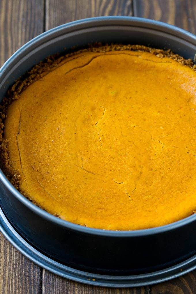 Pumpkin Cheesecake Recipe | Pumpkin Pie Cheesecake | Pumpkin Dessert #pumpkin #thanksgiving #dessert #cheesecake #fall #bajap A baked cake inside of a springform pan.