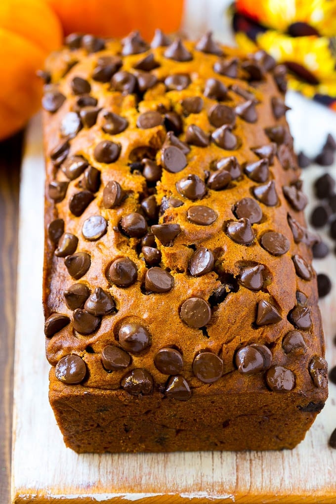 Pumpkin Chocolate Chip Bread Recipe | Pumpkin Bread | Chocolate Pumpkin Bread #pumpkin #bread #fall #chocolate #baking #dessert #bajap A loaf of pumpkin chocolate chip bread.